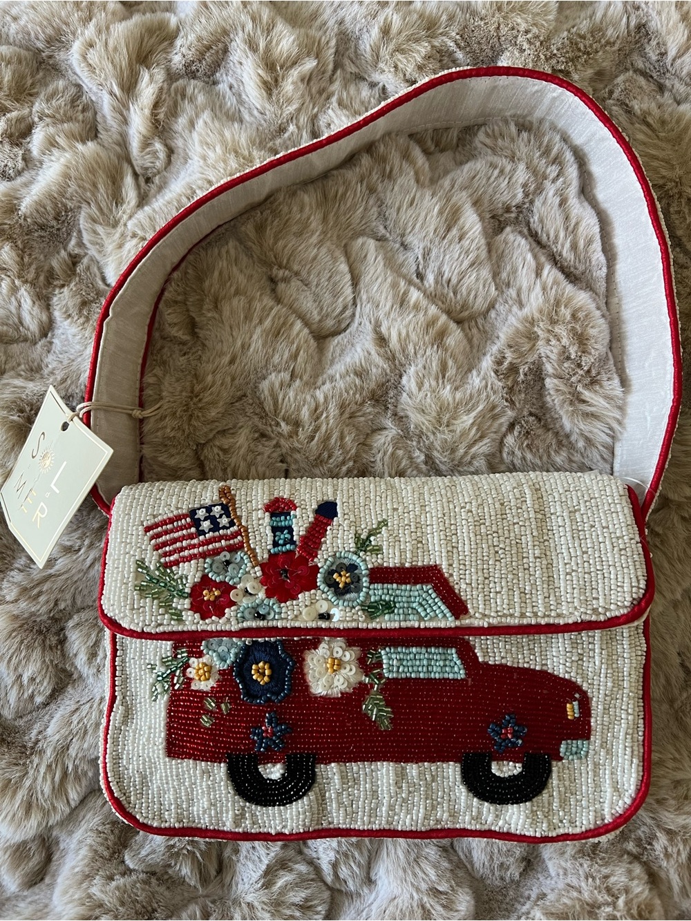 NWT New Release Sol & Mer Patriotic Beaded Handbag with American flag and truck
